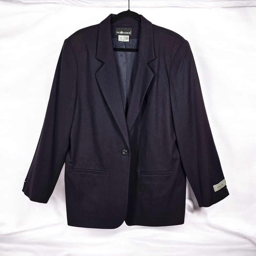 VTG Sag Harbor Blazer Women's Size 16 Navy Wool Jacket Classic One Button NWT